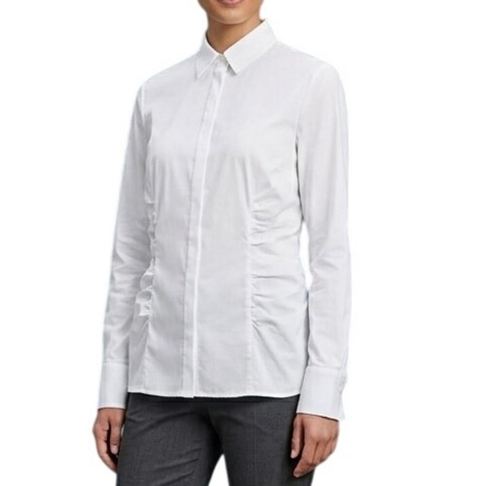 HUGO BOSS White Ruched Button Down Shirt Long Sleeve Blouse Size 6 French Cuff